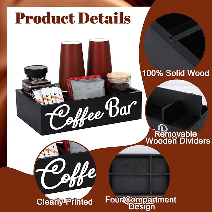 Coffee Bar Organizer for Countertop Coffee Station Organizer Wood Coffee Bar Sign with Removable Dividers for Pods Condiment Syrup Tea Cups Stirrers,Office Coffee Bar Decor