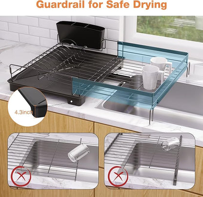Vathingood Extendable Dish Drying Rack, Drying Rack with Automatic Drainboard, Dish Drainers for Kitchen Counter, Anti-Rust Dish Drainers with Cup Holders & Utensil, Black