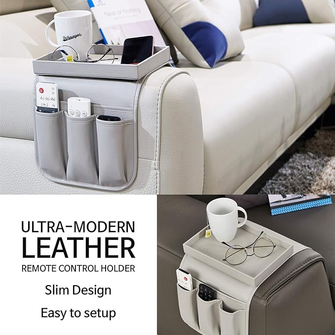 U NEATOPA Couch Remote Caddy Control Holder Sofa Synthetic PU Leather Organizer with Detachable Tray for Recliner Chair Armrests with 4 Slots - 1 Large Pockets and 3 Small Pockets (Grey)