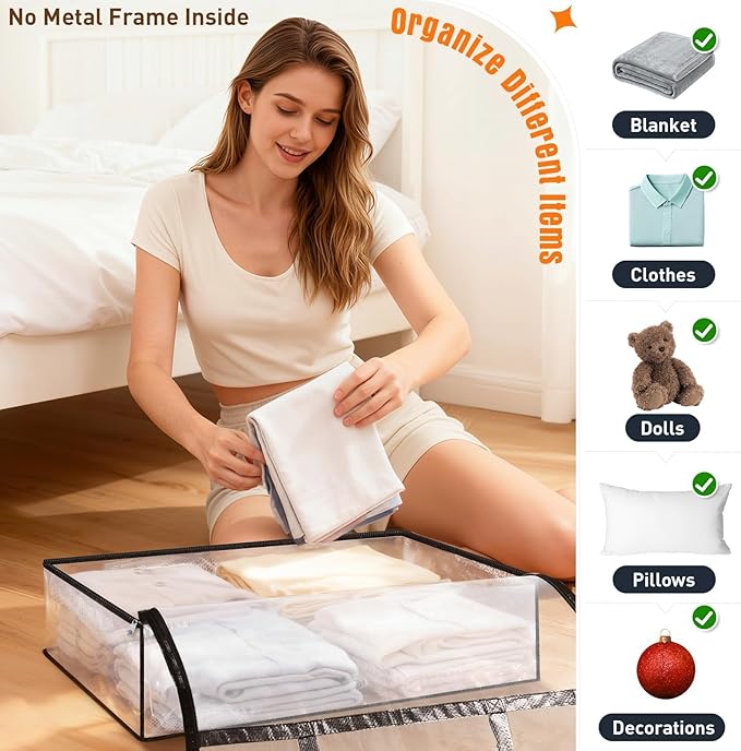 EdenDwell Clear Under Bed Storage Containers - 4 Pack Large Capacity Clothes Storage Bags with Lid & Sturdy Handles, Foldable Moving Bags, Clothing Organizer Totes for Bedding, Comforter, Sheet(60 L)