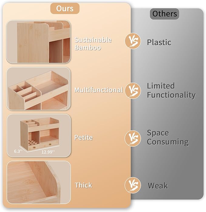 LONTAI Bamboo Makeup Organizer with Drawers, Cosmetic Storage for Lipstick Organizer Beauty Holder Skincare Organizer for Dresser Vanity Bathroom Countertop, No Assembly Required (Natural)