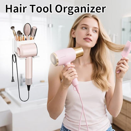 MAYZOLOP Hair Dryer Holder Wall Mounted, Hair Tools Organizer, Bathroom Space-Saving Blow Dryer Organizer Curling Irons Storage Wall Mounted White (Self-Adhesive and Drilling)