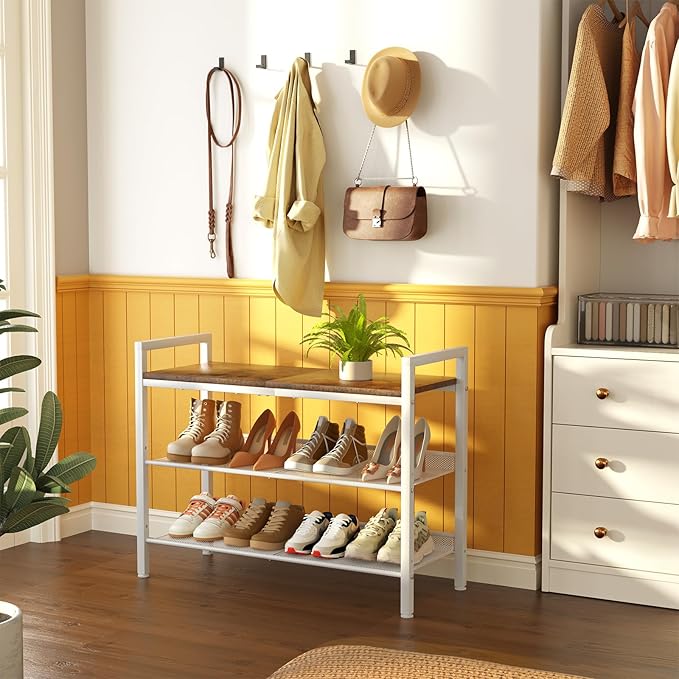 Shoe Rack for Front Door Entrance, 3 Tier Shoe Rack for Entryway, Shoe Shelf for Closet, Metal Shoe Racks Organizer with Sturdy Wooden Top & Steel Frame,(White+Beige)