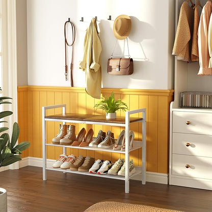 Shoe Rack for Front Door Entrance, 3 Tier Shoe Rack for Entryway, Shoe Shelf for Closet, Metal Shoe Racks Organizer with Sturdy Wooden Top & Steel Frame,(White+Beige)