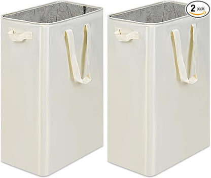 efluky Slim Laundry Basket, Narrow Laundry Hamper with Handles, Collapsible Dirty Clothes Hamper, Tall Laundry Bin for Laundry Room, Dorm and Bedroom, 19.8 Gallon (75L) Beige (Pack of 2)