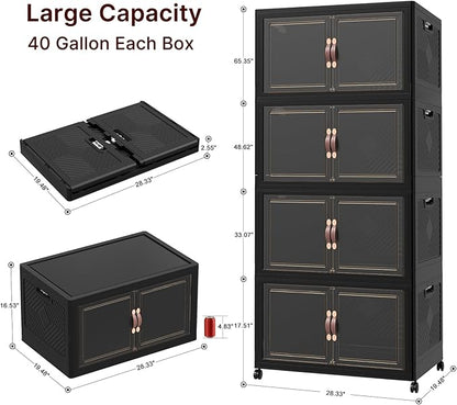 Extra Large Stackable Storage Bins, Lockable Storage Bins with Lids, Folding Storage box with Doors and Wheels, Collapsible Plastic Drawers for Home, Garage, Office (4, Black, Extra Large)