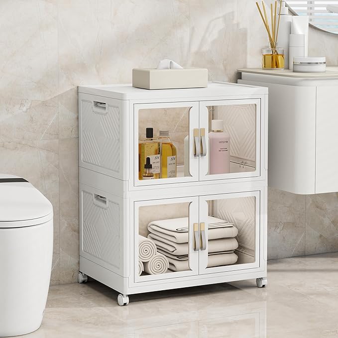Vavkorkula Large Stackable Storage Bins with Lids, 220QT-110QT*2Tier Foldable Cabinet for Closet Organizers, Plastic Storage Containers Box with Wheels