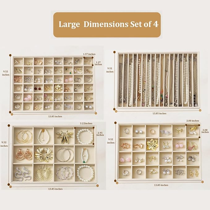 KATISYIO Large Jewelry Drawer Organizer Trays Set of 4, Stackable Velvet Jewelry Trays Organizer Holder Display Storage Showcase for Earring Necklace Bracelet Ring Accessary (Beige, 12+17+24+48 Grids)
