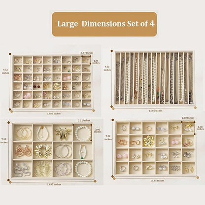 KATISYIO Large Jewelry Drawer Organizer Trays Set of 4, Stackable Velvet Jewelry Trays Organizer Holder Display Storage Showcase for Earring Necklace Bracelet Ring Accessary (Beige, 12+17+24+48 Grids)