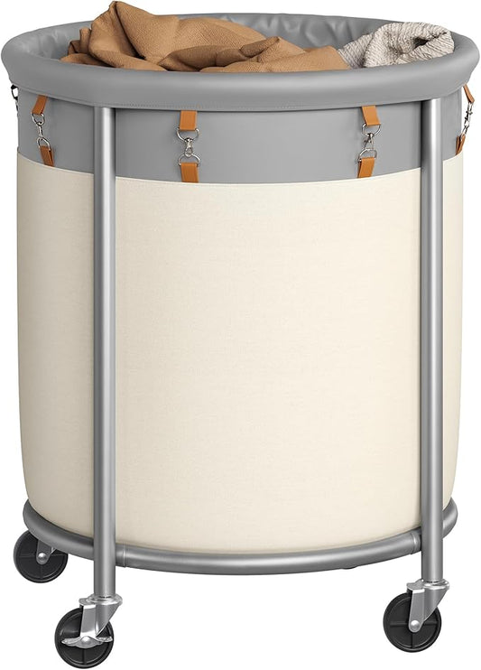 SONGMICS 50.2-Gallon (190 L) Laundry Basket with Wheels, Rolling Round Heavy-Duty Laundry Hamper Cart with Steel Frame and Removable Bag, 2 Locking Wheels, Dove Gray and Cream White URLS001GD02