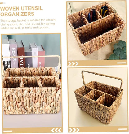 Luxshiny Woven Straw Basket Desktop Organizer Silverware Organizer for Storage Tabletop Multipurpose Kitchen Holder