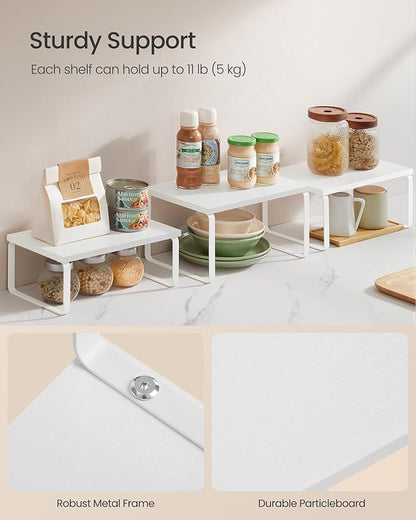 SONGMICS Cabinet Organizer Shelf, Set of 3 Kitchen Counter Shelves, Kitchen Storage, Spice Rack, Stackable, Expandable, Snow White and Matte White UKCS220W01