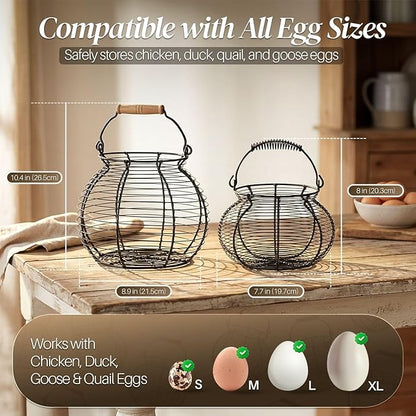 Flexzion Egg Basket for Gathering Fresh Eggs - Round Wire Countertop Egg Holder with Wooden Handles, Farmhouse Chicken Eggs Collecting Basket Storage for Countertop, Kitchen Organizer and Farm (Black)