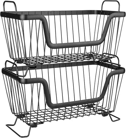 LOTTS Stackable wire basket, Metal Pantry basket, Storage Organizer Bin with Handles, Fruit basket for Kitchen Cabinets, Pantry, Closets, Bedrooms, Bathrooms (12.6×6.5×7.6")- 2 Pack