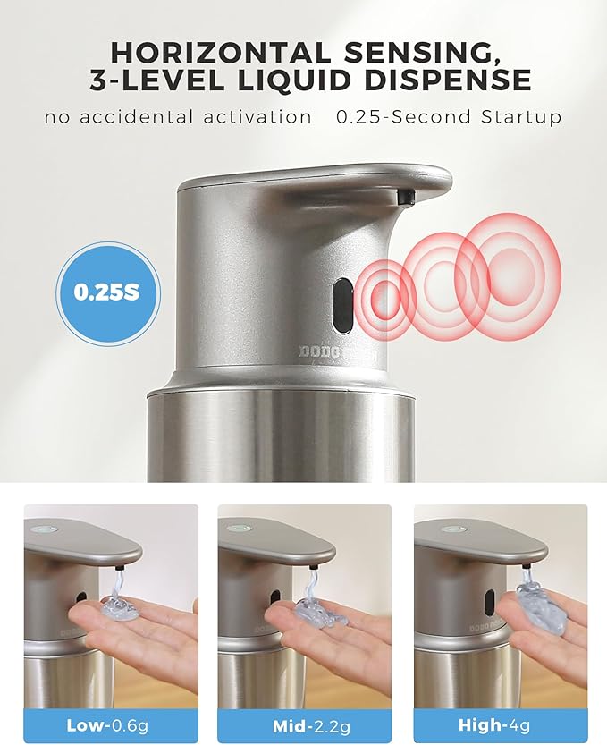 DODO MEKIA Automatic Liquid Soap Dispenser Touchless, 304 Stainless Steel Bottle Body &16.2oz/480ml Rechargeable, 3 Adjustable Liquid Levels, IPX7 Waterproof, for Kitchen Bathroom, Stainless Steel