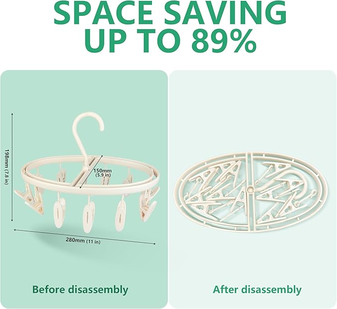 Premium Portable Travel Foldable Clothes Drying Hanger with 12 Clips, Anti-Rusty Plastic Drying Rack for Socks, Lingeries, Delicates and Baby Clothes