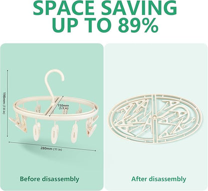 Premium Portable Travel Foldable Clothes Drying Hanger with 12 Clips, Anti-Rusty Plastic Drying Rack for Socks, Lingeries, Delicates and Baby Clothes