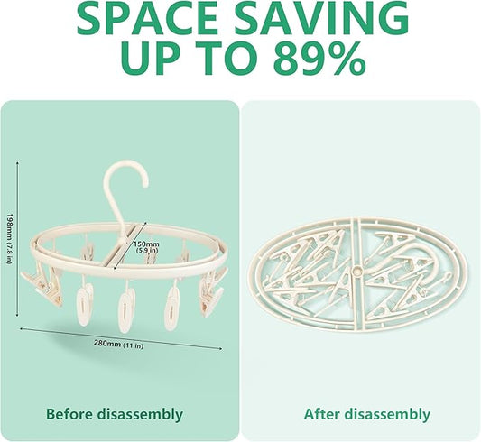 Premium Portable Travel Foldable Clothes Drying Hanger with 12 Clips, Anti-Rusty Plastic Drying Rack for Socks, Lingeries, Delicates and Baby Clothes