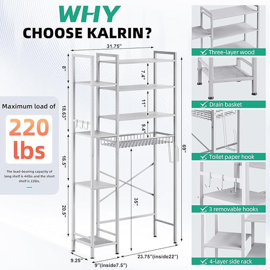Kalrin 8-Tier Over The Toilet Storage with Side Rack, Over Toilet Storage Rack with Adjustable Shelf & Drain Basket, Freestanding Bathroom Organizer for Balcony, Laundry (Pure White)