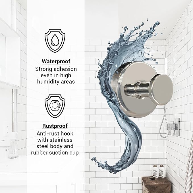 Welsa Suction Cup Hooks for Shower - 2 Pack, Chrome - Stainless Steel, Strong Suction, No Drill, Removable Hanger, Tile Bathroom Kitchen Wall, Glass Door, Mirror Hook Hanging Robe, Towel Holder