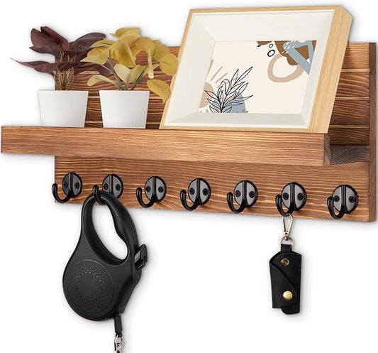 Key Holder Wall Mount, Entryway Key and Mail Holder with 7 Sturdy Hooks for Sunglasses, Dog Leash, Decorative Wall Shelf with Mounting Hardware, 15”W x 6.7”H x 4.2”D