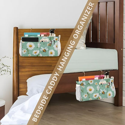 CuwrYet Bedside Caddy Hanging Bunk Bed Caddy Bed Organizer Hanging Pocket with 2 Hooks Bedside Storage Organizer Pocket Bag Holder Mint Green Daisy Flowers and Bees