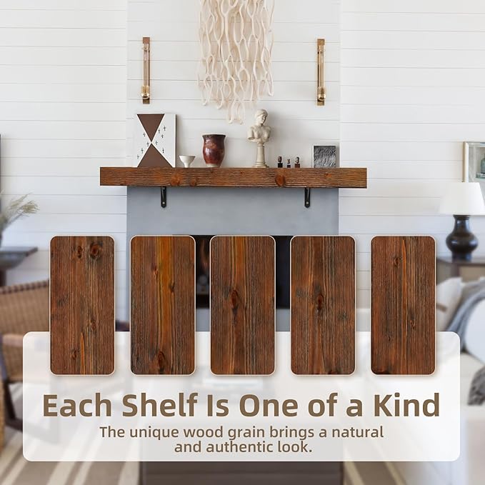 ROOMTEC Fireplace Mantel with L-Shaped Brackets,72" Wood Fireplace Shelves,Wall Mounted Shelving,Handcrafted Brack, 72" x 8" x 3", Wood Brown