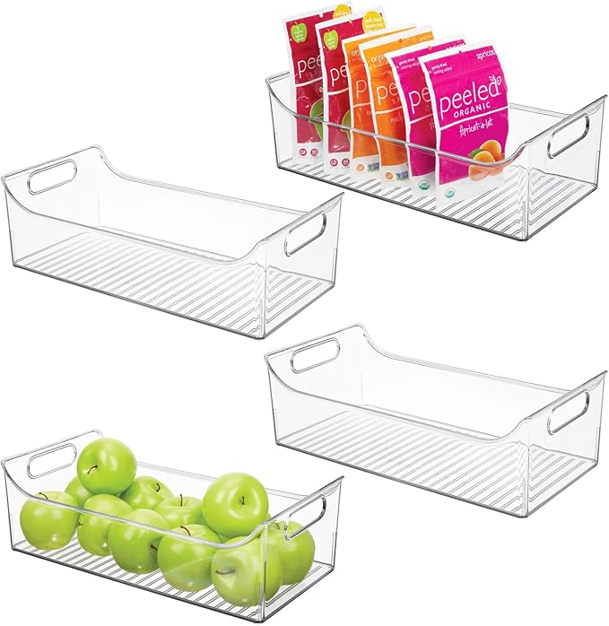 mDesign Slim Plastic Kitchen Pantry Cabinet, Fridge or Freezer Storage Bin with Handles - Organizer Containers for Fruit, Yogurt, Snacks, Pasta - 16" Long - Ligne Collection - 4 Pack - Clear