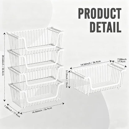 4 Pcs Stackable Wire Baskets for Pantry Organizers and Storage,Vegetable Fruit Basket for Countertop,Kitchen Storage Metal Baskets,Produce Potato Onion Storage Bin,White