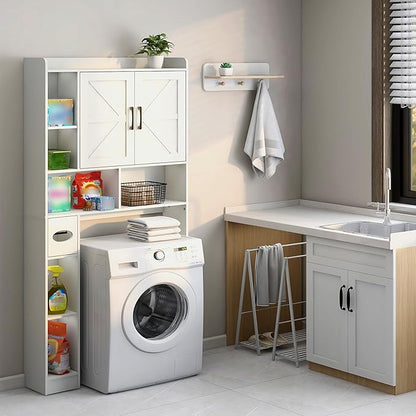 Vabches Over The Toilet Storage Cabinet, Farmhouse Storage Cabinet Over Toilet with 2 Barn Door & Toilet Paper Holder Stand，Home Space-Saving Toilet Rack, for Bathroom, Restroom, Laundry