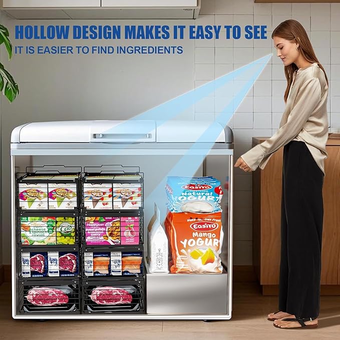 Stnopw 3PCS Freezer Organizer Bins,Stackable Chest Freezer Organizer for 7 Cu.FT Deep Freezer Sort Frozen Food, Easily Get Food from the Bottom with Side Handles Add Storage Space