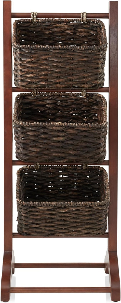 Casafield 3-Tier Floor Stand with Water Hyacinth Storage Baskets, Walnut/Espresso - Standing Organizer Rack for Bathroom, Kitchen, Laundry, Living Room