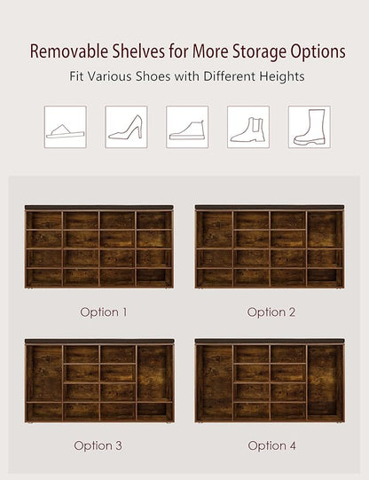 DINZI LVJ Shoe Storage Bench with Cushion, 16-Cubby Shoe Rack, Adjustable Shelves, Multifunctional Shoe Organizer Bench for Entryway, Mudroom, Hallway, Living Room, Bedroom and Garage, Rustic Brown