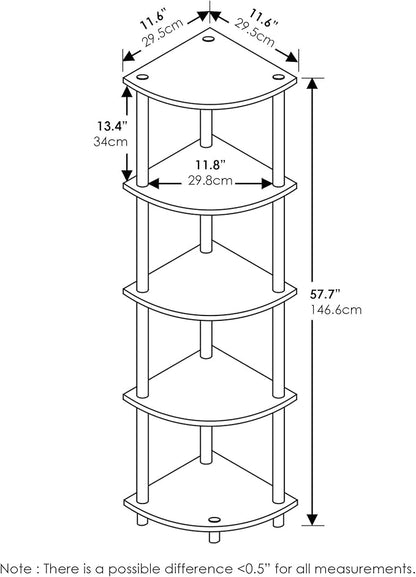 Furinno TURN-N-TUBE Corner Shelf, 5-Tier Corner Bookshelf, Open Storage Shelves, for Organization and Storage, Living Room, Home Office, Garage, Bedroom, Sonoma Oak