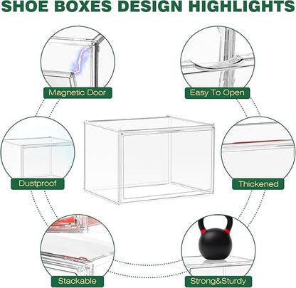 EDS FAM 6 Pack X-Large Acrylic Display Case, Size 14 Clear Shoe Box Stackable Sneaker Display Case with Magnetic Lid Multipurpose Storage Bin for Closet for Purses, Handbags, Cosmetics, Collectibles