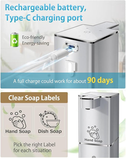 JEMISUN Automatic Liquid Soap Dispenser Touchless Soap Dispenser 380ml/12.8oz Rechargeable, Wall Mounted,4 Levels Adjustable Auto Soap Pump for Bathroom Kitchen Dish Soap