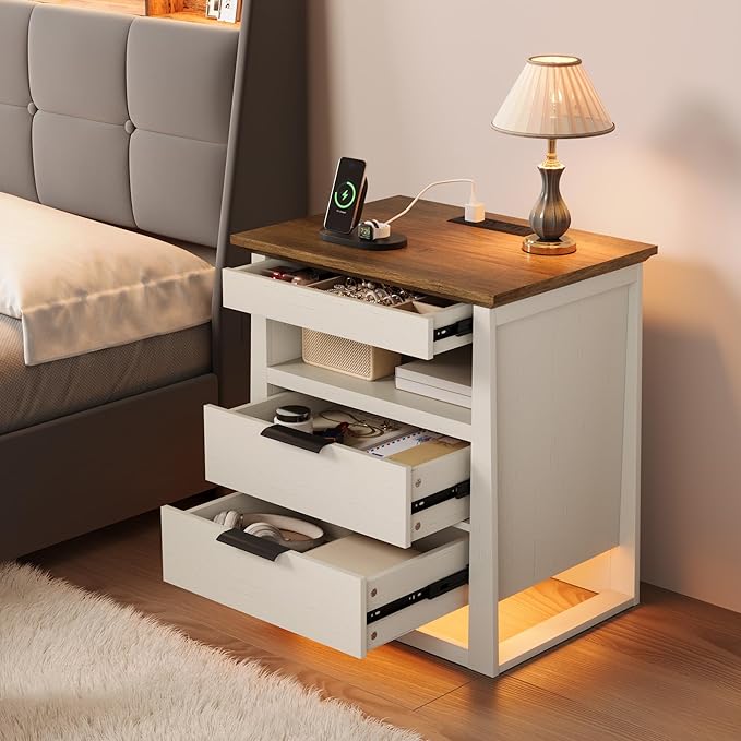 Rresyet 3 Drawer Nightstand with Charging Station & LED Lights & Open Shelf, Modern Night Stand with Storage, Wooden Bedside Table for Bedroom Room, Office (White)