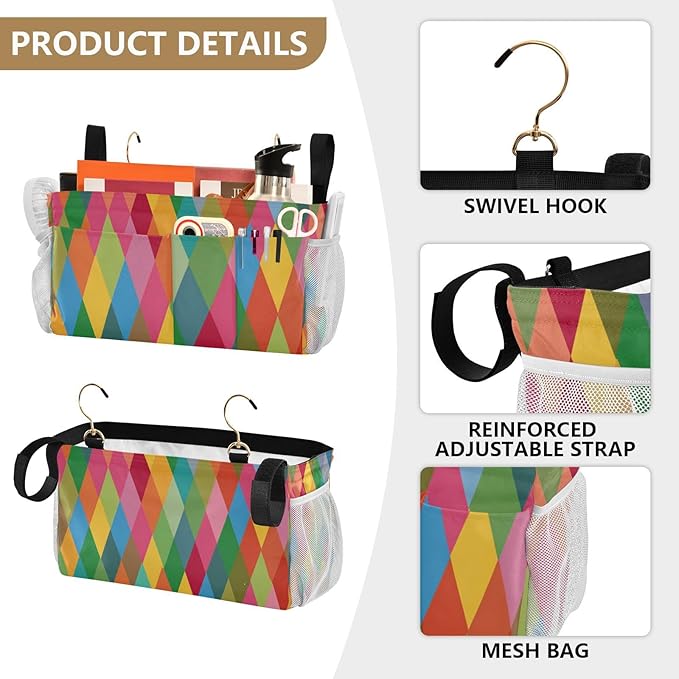 CuwrYet Bedside Caddy Hanging Bunk Bed Caddy Bed Organizer Hanging Pocket with 2 Hooks Bedside Storage Organizer Pocket Bag Holder Pink Green Argyle