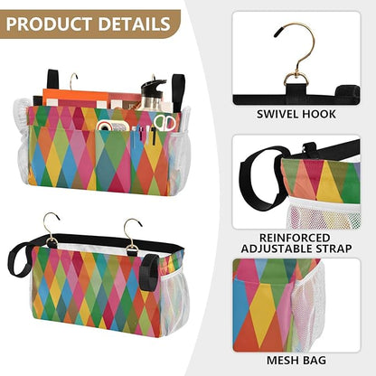 CuwrYet Bedside Caddy Hanging Bunk Bed Caddy Bed Organizer Hanging Pocket with 2 Hooks Bedside Storage Organizer Pocket Bag Holder Pink Green Argyle