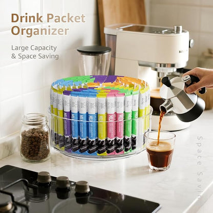 Rotating Drink Mix Organizer, Clear Lazy Susan Turntable for Powder Packet, Water Packet, Water Flavor Packet, Divided Drink Packet Organizer