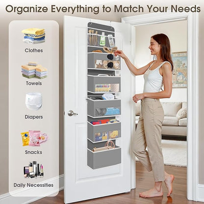 6-Tier Over The Door Organizer, Hanging Storage Organizer with Clear Window, 40lb Ultra Sturdy Large Capacity Room Organizer for Pantry Bathroom Nursery Closet Baby Essential (Grey)