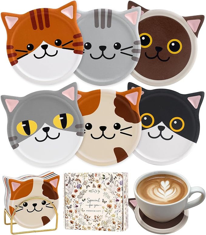 Oqplog Cat Drink Coasters for Desk Coffee Table Set of 6-Funny Ceramic Cup Holder Coaster for Office Home Outdoor Cute Decor Gifts for Women Family