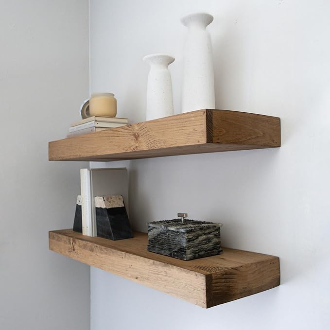 Urbandi Modern Floating Shelves 3 Inches Thick for Wall, Wide Shelves for Kitchen, Living Room, Bedroom, and Bathroom, Natural Pine Wood, Rustic Wooden Shelf, (Set of 2) (Aged Oak, 36Lx3Hx8D)