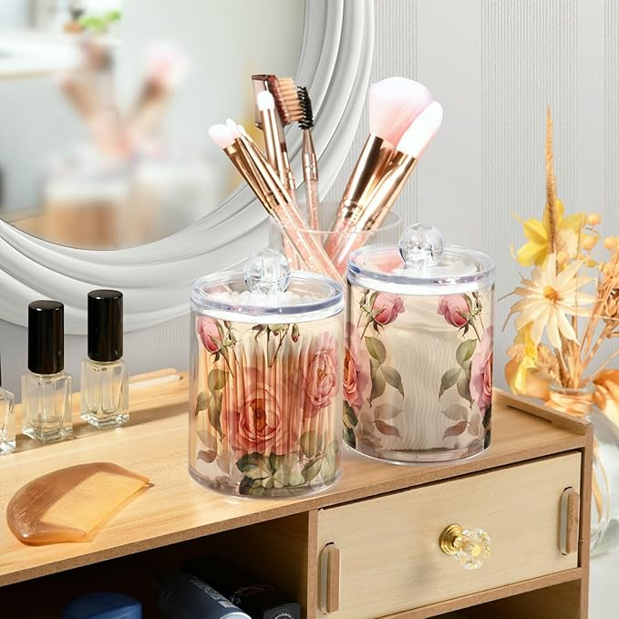 MNSRUU 2 Pack Qtip Holder Organizer Dispenser Floral Rose Pink Bathroom Storage Canister Cotton Ball Holder Bathroom Containers for Cotton Swabs/Pads/Floss