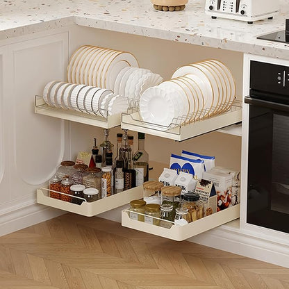 Pull-Out Cabinet Dish Drying Rack - Dish Drying Rack Stainless Steel 2-Tier Kitchen Organizer for Plates Bowls, Under-Counter Space Saving Storage Rack, Adjustable（White）