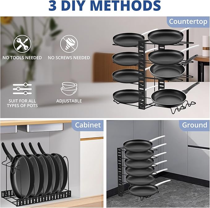 JOYART Pot and Pan Organizer, 8 Tiers Pot Lid Organizer, Adjustable Pots and Pans Organizer Under Cabinet with 3 DIY Methods for Kitchen Cabinet Cookware Organizers and Storage