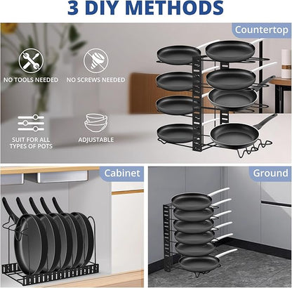 JOYART Pot and Pan Organizer, 8 Tiers Pot Lid Organizer, Adjustable Pots and Pans Organizer Under Cabinet with 3 DIY Methods for Kitchen Cabinet Cookware Organizers and Storage