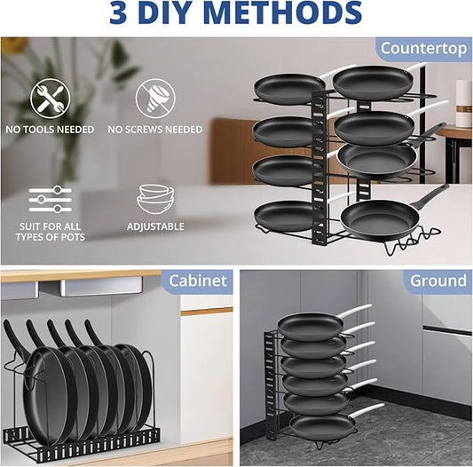 JOYART Pot and Pan Organizer, 8 Tiers Pot Lid Organizer, Adjustable Pots and Pans Organizer Under Cabinet with 3 DIY Methods for Kitchen Cabinet Cookware Organizers and Storage