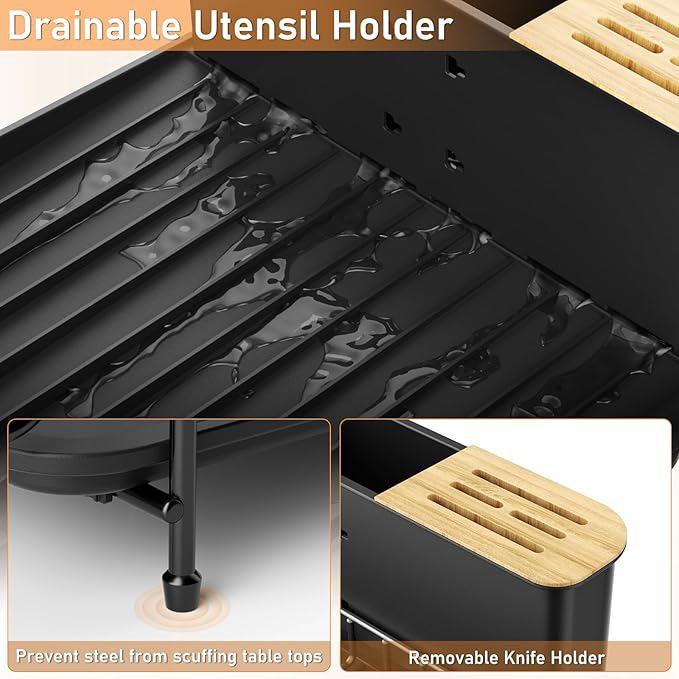 PXYHMUS Large Dish Drying Rack, Multifunctional Dish Rack for Kitchen Counter, Expandable Dish Drainers with Drainboard Utensil Holder, Cup Holder, Black