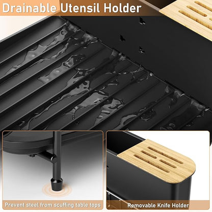 PXYHMUS Large Dish Drying Rack, Multifunctional Dish Rack for Kitchen Counter, Expandable Dish Drainers with Drainboard Utensil Holder, Cup Holder, Black